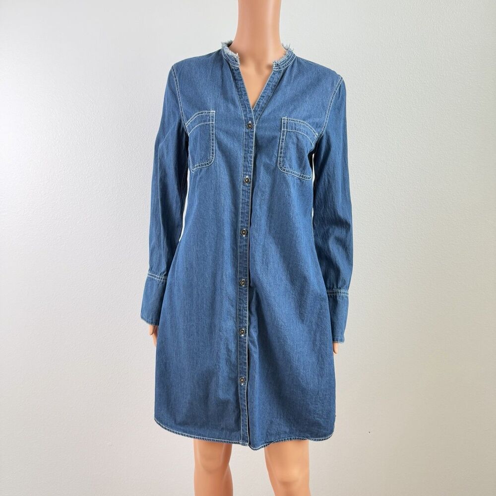 Hatley Chambray Denim Shirt Dress S/P Frayed Collar Button Front
